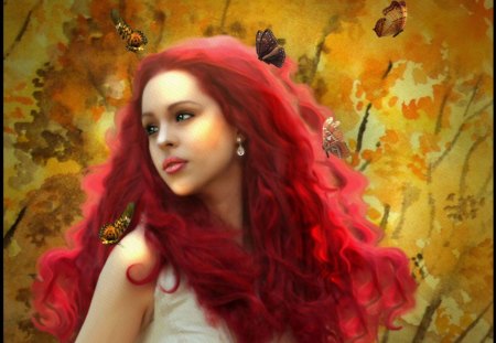 Portrait Butterfly - red, butterflies, girl, fantasy