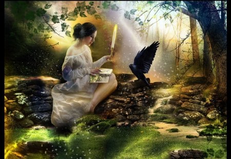 Forest Nymph - girl, forest, nymph, fantasy, raven