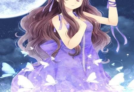 Night Flower - purple, butterfly, girl, nigh, long hair, orginal, flower