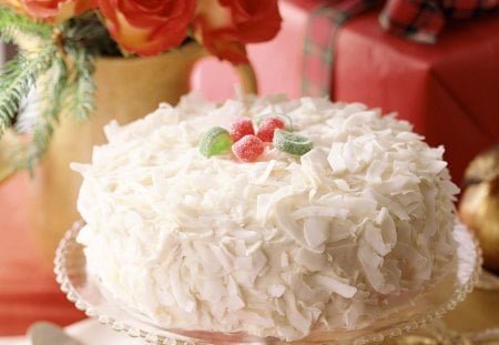 Coconut Topped Cake - abstract, coconut, white, delicious, frosting, cakes, layers, sweet