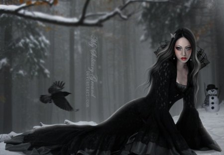 BLACK BEAUTY - forest, winter, black, bird, beauty, gothic, dress, female, snow