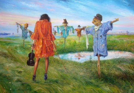 Concert on the Meadow - meadow, lady, painting, scarecrow