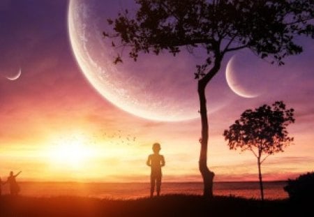 Fantasy - moon, rays, trees, boy, fantasy