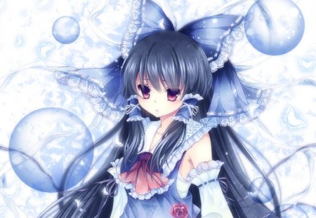 Hakurei Reimu - touhou, cute, bubbles, hakurei reimu, anime, anime girl, girl, blue, ribbon, long hair, reimu, female, blue hair