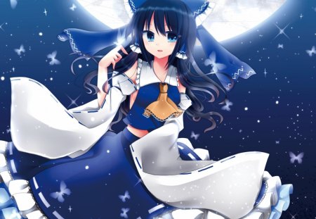 Blue Moon - anime, kawaii, female, wing, blue, dress, shrine maiden, night, light, long hair, touhou, blue hair, ribbon, reimu, hakurei reimu, blue eyes, moon, abstract, gown, anime girl, girl, wings, butterfly, cute