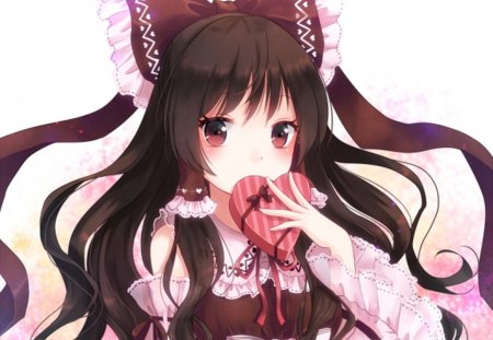 Reimu Love to You - cute, hakurei reimu, anime girl, girl, valentine, heart, touhou, pretty, sweet, love, brown hair, anime, brown eye, happy valentine, long hair, reimu, divine, lovely, female