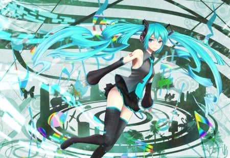 Hatsune Miku - miku, hatsune, cute, vocaloids, abstract, anime girl, girl, superstar, singer, green hair, animal, twin tails, green eyes, vocaloid, anime, twintails, diva, long hair, female, idol