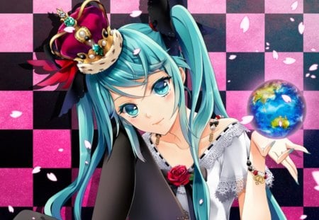 Miku World - globe, anime, tiara, vocaloid, female, crown, checker, hatsune miku, green eyes, green hair, long hair, princess, twin tails, anime girl, twintails, royalty, hot, girl, petals, world, miku, cute, sexy, vocaloids, wall