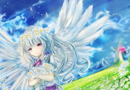 Angel of Willows - anime, kawaii, female, wing, scenery, scene, grass, angel, long hair, purple eyes, view, blue hair, field, sky, anime girl, girl, scenic, feather, flower, petals, bouquet, wings, cloud, cute, blosom, floral, windmill