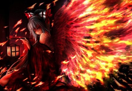 Fujiwara no Mokou - mokou, female, wings, fire, fujiwara no mokou, red eyes, touhou, anime, kimono, flames, girl, devil, butterfly, games, smoking pipe, video games, white hair