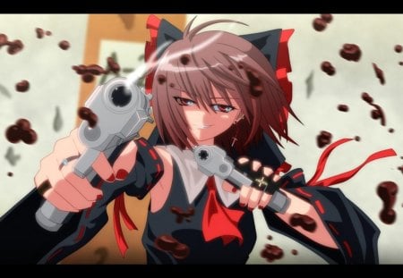 Hakurei Reimu - blood, anime, female, guns, girl, weapons, reimu hakurei, touhou, reimu, games, video games, hakurei reimu