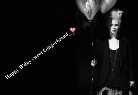 Happy Birthday Gingerbread_heart - gingerbreadheart, wishes, heart, bw, balloons, gift, birthday, luck