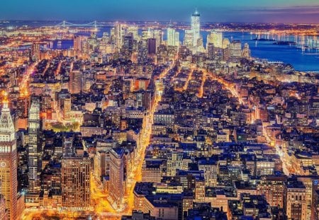 awesome view of nyc at night hdr - river, city, night, streets, hdr, lights