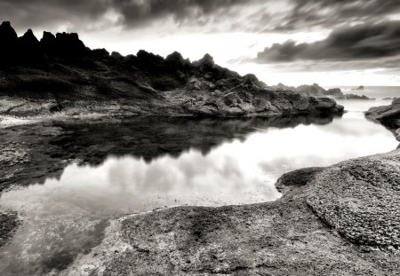 wonderful river to the sea in monochrome - reflection, river, fog, bach, rocks