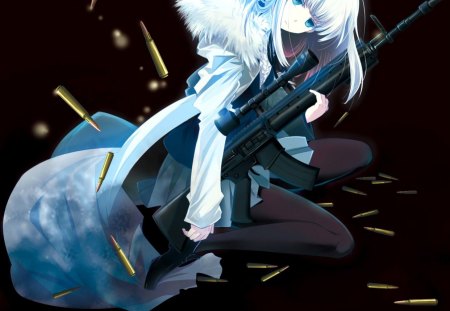 Bullets - gun, fur, female, bullet, hot, anime girl, black, dark, rifle, anime, silver hair, cute, sexy, girl, light, blue eyes, long hair, glow, weapon, white hair