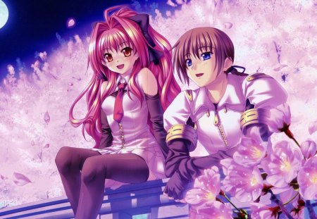 Blossom Romance - anime, female, romantic, blossom, guy, romance, night, pink, long hair, happy, boy, male, red hair, moon, anime girl, sakura, cherry blossom, girl, lovely, sakura blossom, brown hair, love, sweet, flower, petals, smile, handsome, redhead, floral, lover, couple