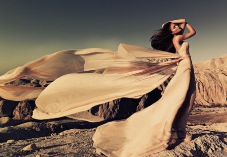 wind - dress, girl, mountains, model