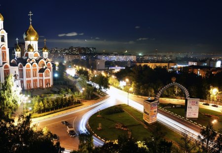 beautiful russian orthodox church - street, church, city, night, lights