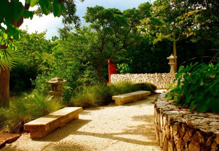 Japanese Garden - path, bench, trees, wall