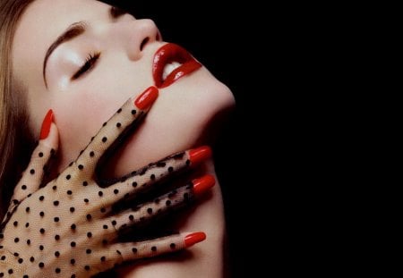 Beauty  - woman, beauty, girl, lips, black, gloves, model, lipstick, red