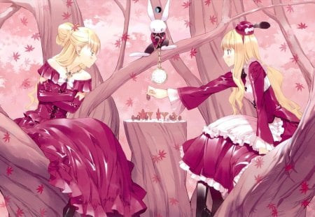 Alice in Wonderland - couple, girl, chest, tea, bunny, alice, wonderland, pink, clock, anime, dress, blonde