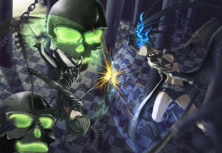 Black Rock Shooter - skull, girl, light, fire, flame, blue, anime, green, black rock shooter