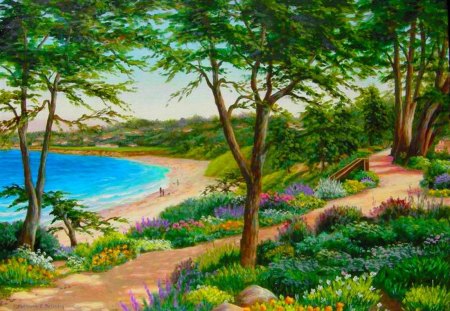 Countryside beach - nice, beauty, beach, trees, riverbank, peaceful, countryside, greenery, water, path, coast, painting, view, quiet, pretty, calmness, walk, river, green, grass, sands, lake, summer, shore, lovely, serenity, nature, beautiful