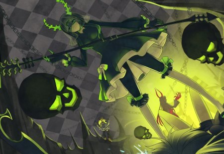 Black Rock Shooter - veil, black rock shooter, anime, girl, skull, fighter, light, horns, green