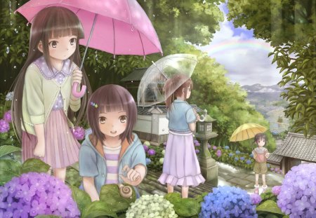 Raining day - girl, day, rain, spring, umbrella, pink, blue, green, anime, tree, flower