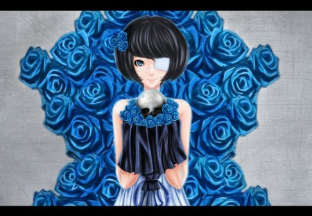 Blue roses - skull, girl, roses, eye, black, blue, anime, brunette, flower