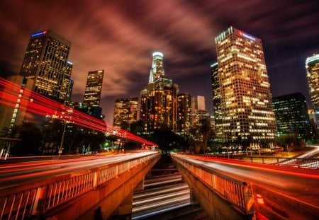 highway overpass in the city at long exposure hdr - overpass, long exposure, highway, city, hdr