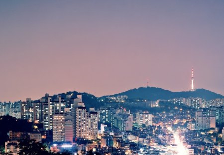 mountain city - tower, lights, city, night, mountains