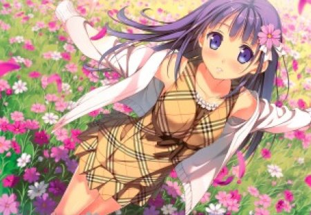 Flowers of Purple - purple, happy, flowers, smile, anime, girl, dress