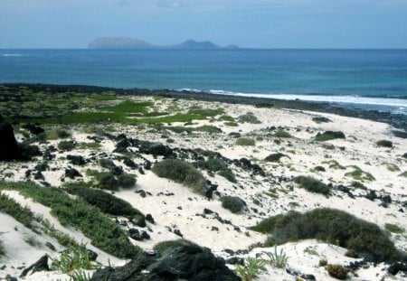 Beach North Lanzarote - dunes, water, blue, beach, beaches, ocean, sand, nature, waves, mountains, sky