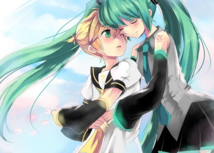 Hatsune Miku & Kagamine Len - project diva, cute, kagamine len, vocaloid, mikuxlen, hatsune miku, hugs