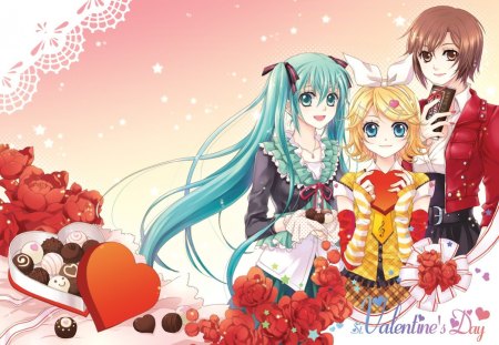 Happy St. Valentines Day! - sweets, 01, st valentines day, hearts, cute, hatsune miku, kagamine rin, meiko, project diva, 02, chocolates, 05, vocaloid, pink, red, blue, happy