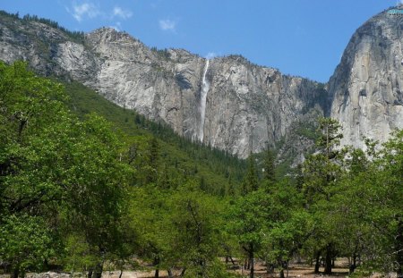 ~Ribbon Falls~ - nature, sky, landscape, trees, ribbon falls, mountains, waterfall