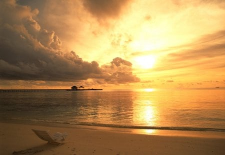 Sunset-ocean - beach, chair, ocean, sunset, deck