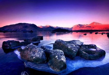 superb lake in winter hdr - lake, rocks, ice, colors, hdr