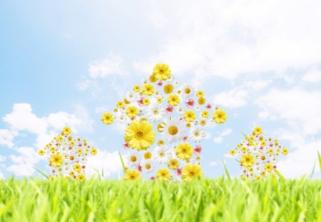 Flower house - sky, gree, art, yellow, figure, petals, flowers, house, grass