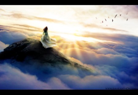 Fantasy - cloud, sky, fantasy, rays, girl