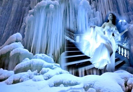 Queen of ice - magic, blue, beautiful, splendor, girl, lovely, ice, cold, stair