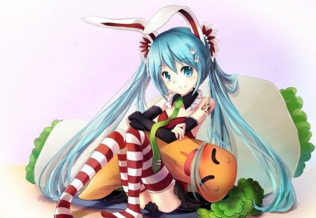 Usa vs Carrot - female, anime girl, anime, carrot, miku, usa, cute, hatsune miku, vegetable, girl, blue eyes, twintails, long hair, usamimi, vocaloids, blue hair, ears, twin tails, vocaloid, usa mimi