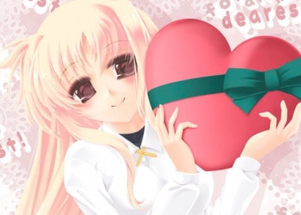 For all my Dearest - cute, blond hair, happy, beautiful, bstract, blonde, abstract, anime girl, girl, white, ribbon, blond, blonde hair, valentine, heart, 3d, blouse, red, pretty, beauty, sweet, love, anime, happy valentine, cg, long hair, brown eyes, lovely, smile, female, realistic