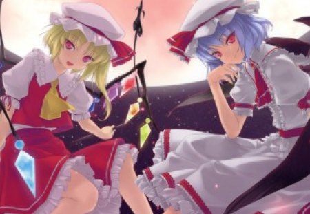 Scarlet Sisters - anime, anime girl, female, wing, flandre scarlet, girl, touhou, wings, fairy, cute, remilia scarlet