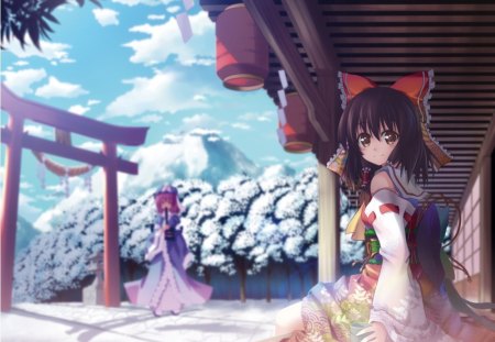 The Snow - sky, female, anime girl, saigyouji yuyuko, view, touhou, cloud, anime, ribbon, reimu, cute, scene, scenic, winter, hakurei reimu, snow, shrine, scenery