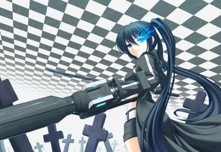 Black★Rock Shooter - anime, female, checker, long hair, dark, black rock shooter, blue flame, weapon, twin tails, anime girl, twintails, hot, gun, girl, flame, black, white, black hair, cute, cross, sexy