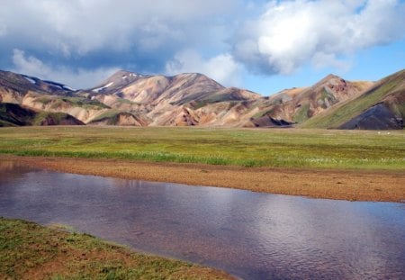 The Laugavegur Hiking Trail - clouds, hiking trail, water, nature, mountains, sky