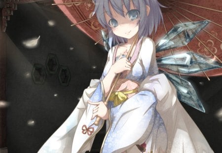 ~Cirno~ - pretty, anime, ice wings, short hair, umbrella, Touhou, fairy, Cirno, blue eyes