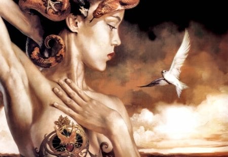 Snake Queen - beauty, sky, dove, boris vallejo, snake, clouds, julie bell